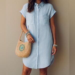 Jazmin Chebar Blue White Linen Button Front T Shirt Dress Size 44 Large